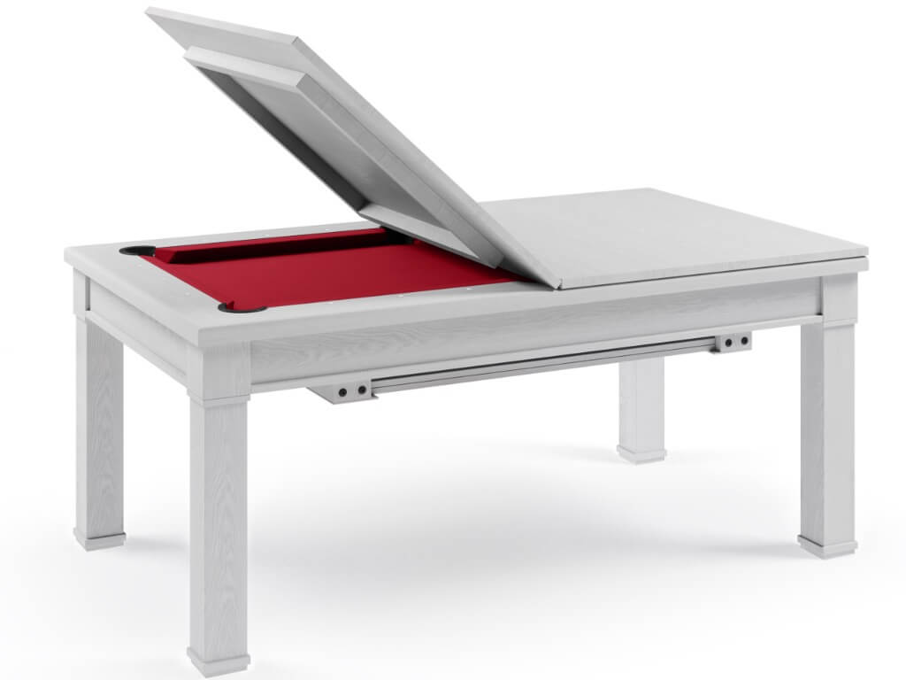 Weißer Magic Esstisch mit einer aufklappbaren Abdeckplatte, die ein rotes Billard-Spielfeld offenbart.
