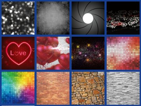 Collage verschiedener Fotobox-Hintergründe von abstrakt, romantisch bis modern und rustikal.