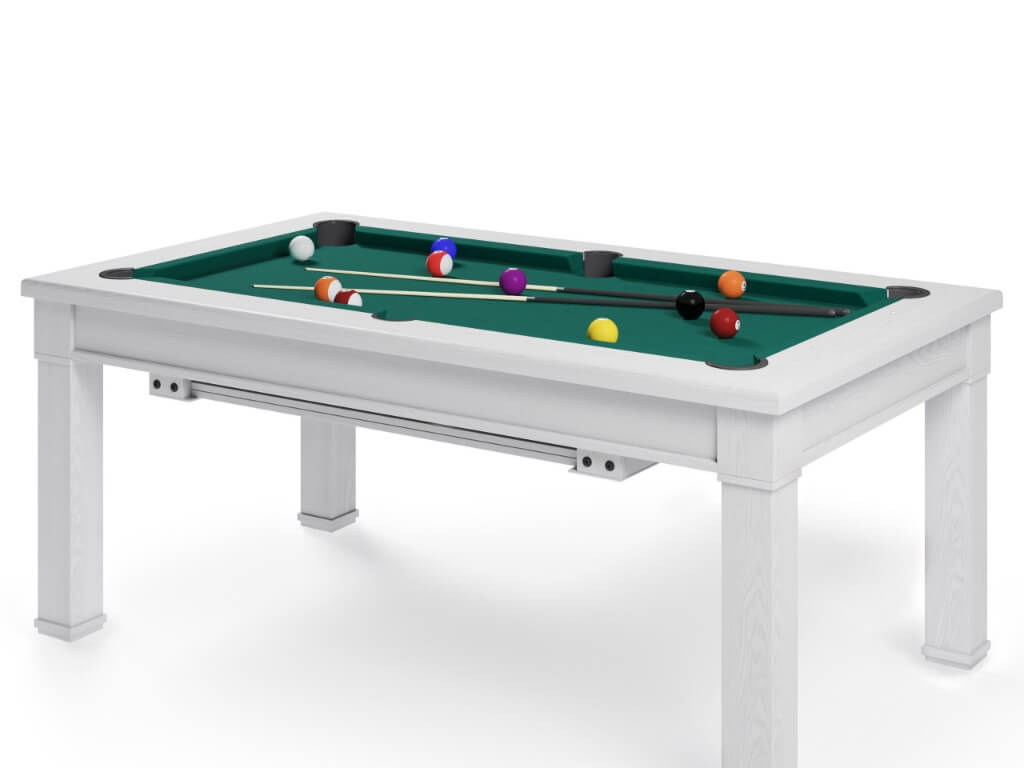 Weißer Billard- und Esstisch Magic 5ft mit grünem Tuch und bunten Billardkugeln