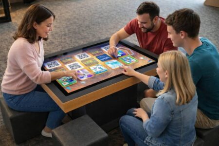eine 4 köpfige familie sitz um den interaktiven spieltisch und spielt.